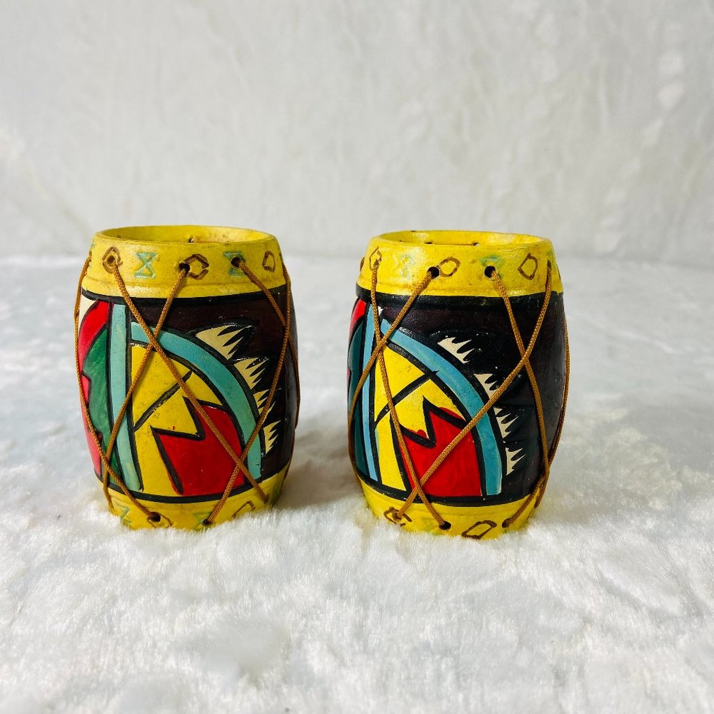 Vintage Native American Indian Design Tom Tom Drum Salt and Pepper Shakers HTF